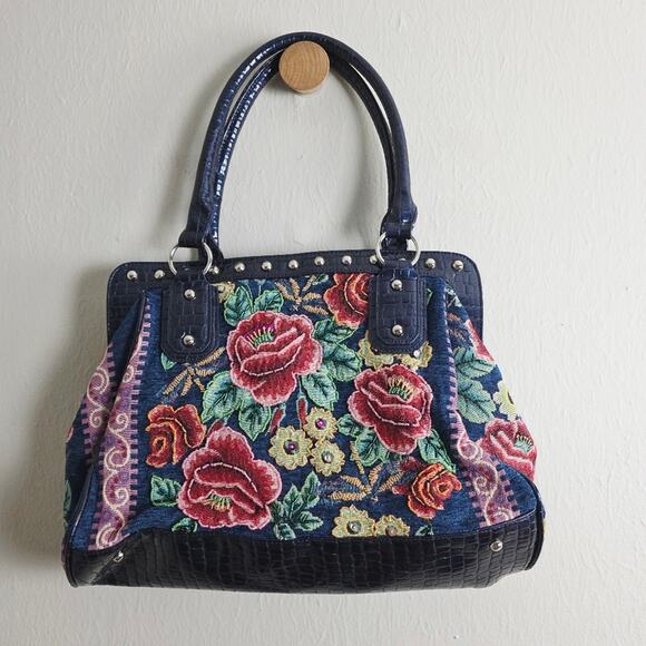 Mod x Handbags - Mod X Navy Blue Floral Tapestry Embroidered Shoulder Bag Tote Silver Studded L